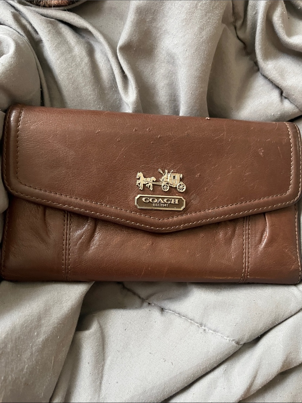 Coach Brown Leather Continental Wallet with Gold Logo